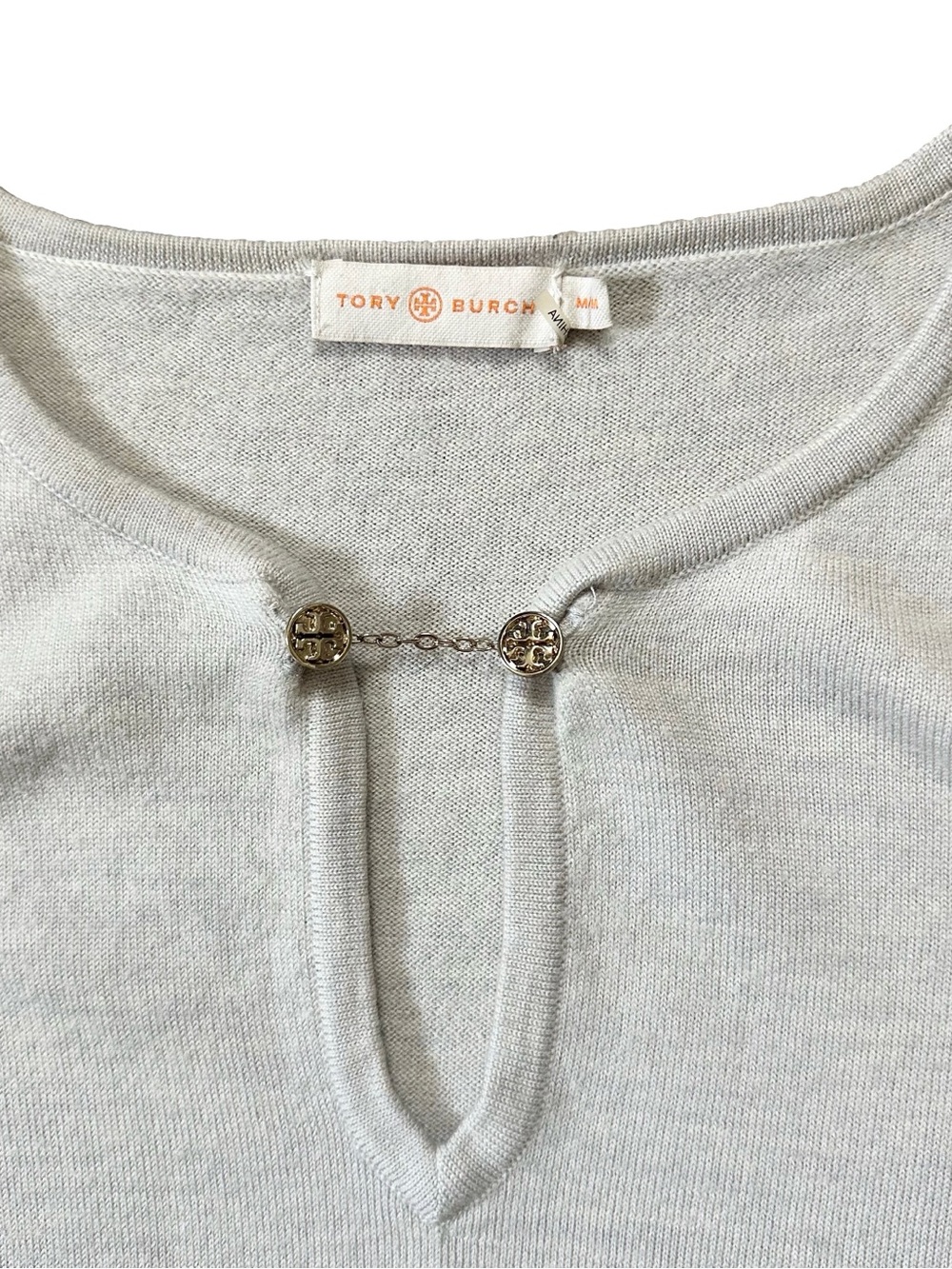 Tory Burch Merino Wool V-Neck Gold Chain Long Sleeve Tunic Sweater Sz Medium - Picture 6 of 11
